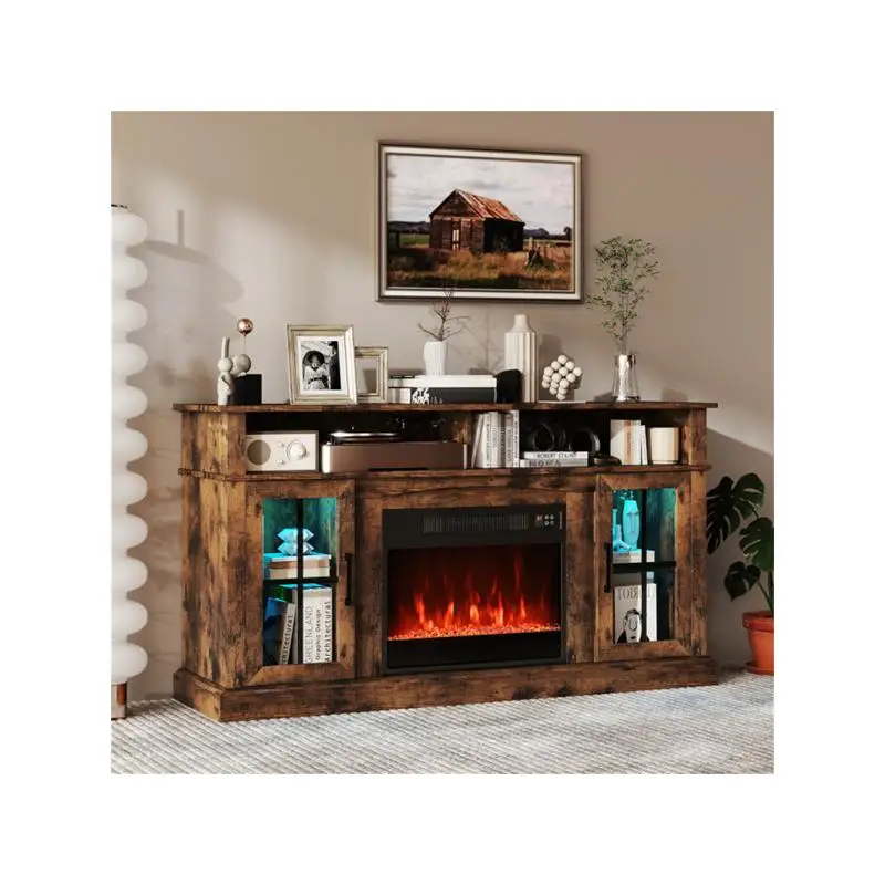 حامل تلفزيون مقاس 58 بوصة مزود بمدفأة RGB - تطبيق ذكي وجهاز تحكم عن بعد، سخان 4777 وحدة حرارية بريطانية (62 ° F إلى 82 ° F) - تصميم بني ريفي #6