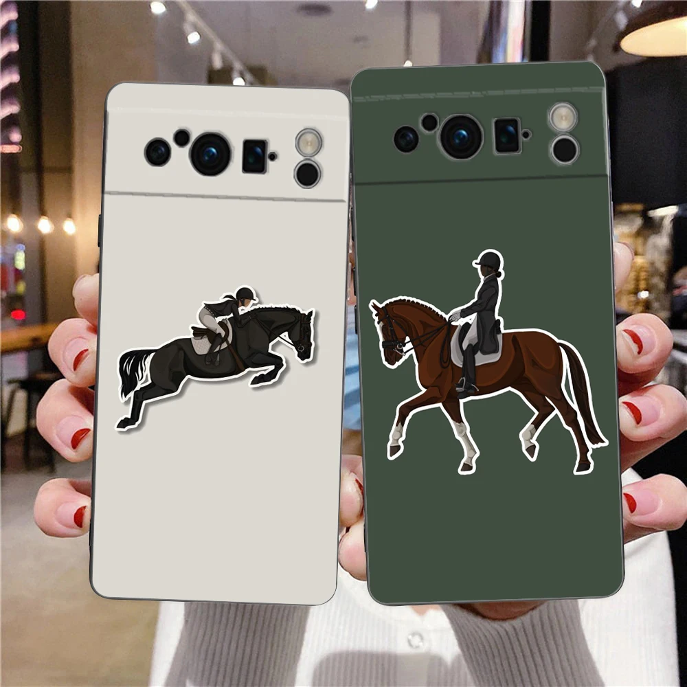 Animal Galloping Horse Girl Drawing Phone Case For Google pixel 9 8 7 6 Pro 8A 6A 7A 5G Silicone Shockproof Black Cover