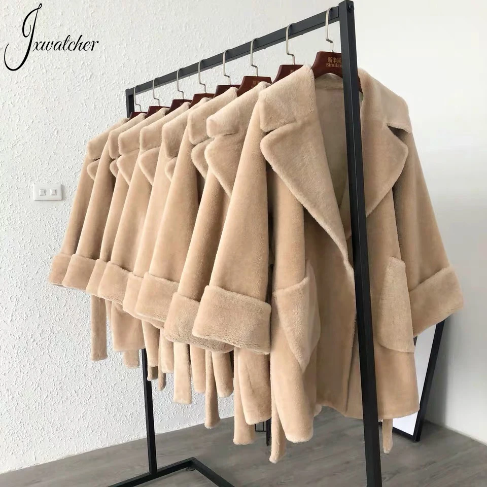 Jxwatcher-abrigo de piel auténtica para mujer, chaqueta coreana con cinturón, abrigos de lana de oveja, abrigo de esquila de oveja auténtica para invierno