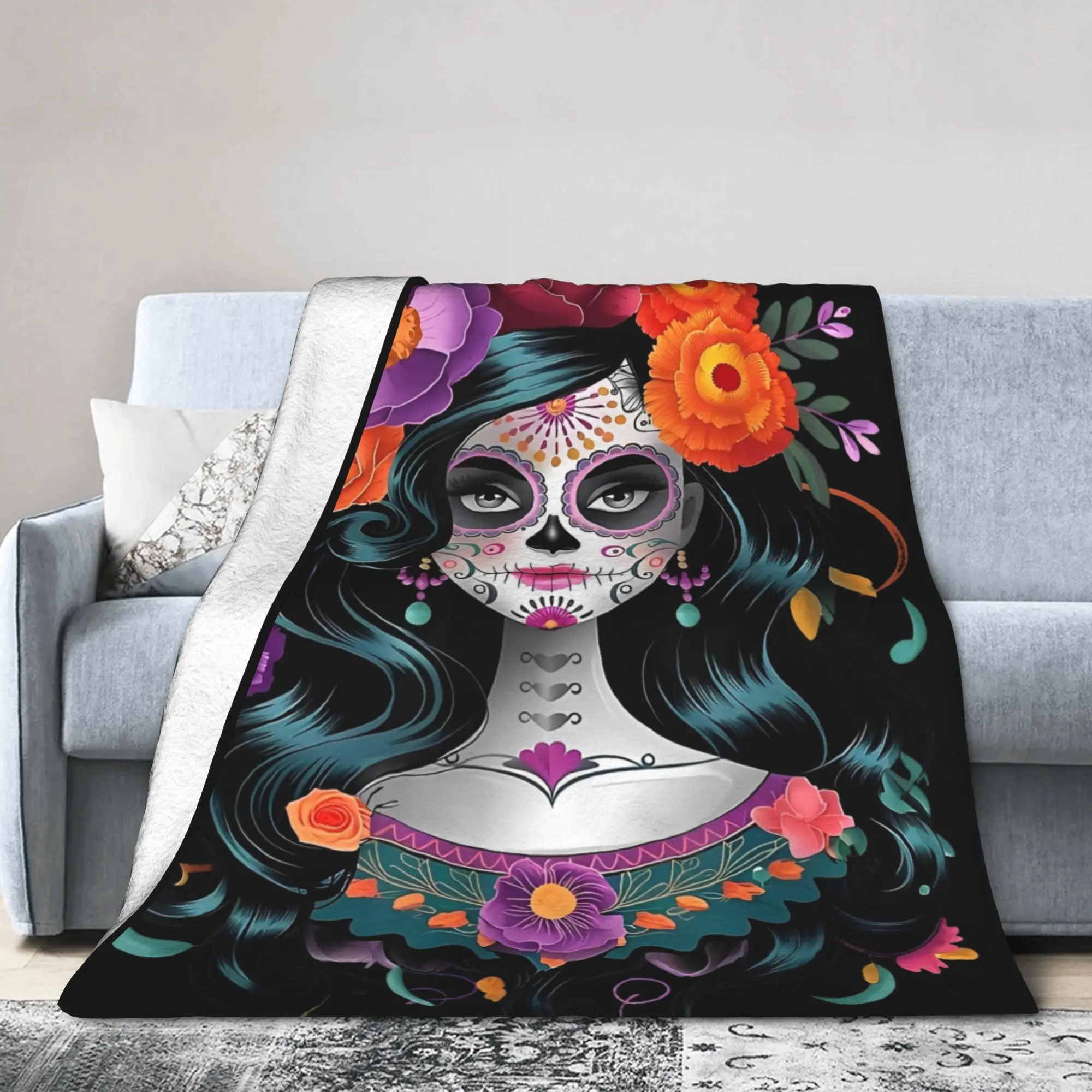 Day of the Dead Fleece Throw Blanket Sugar Skull Blanket for Sofa Travel Ultra-Soft Bedding Throws
