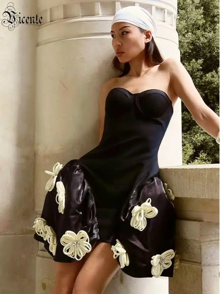 

VC Luxury Strapless Black Mini Dress for Women – 3D Floral Appliqué Bubble Skirt, Elegant Bandage Party Dress Cocktail Outfit