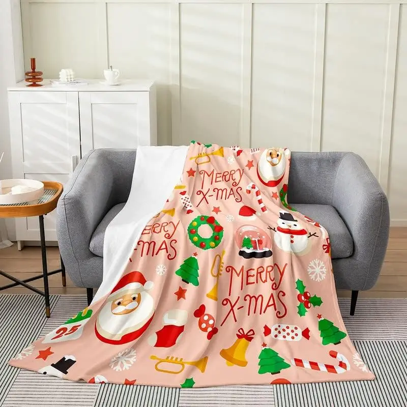 Christmas Flannel Fleece Blanket Santa Claus Print Plush Throw Blanket, Merry Christmas Pattern All Season,Bed Blanket