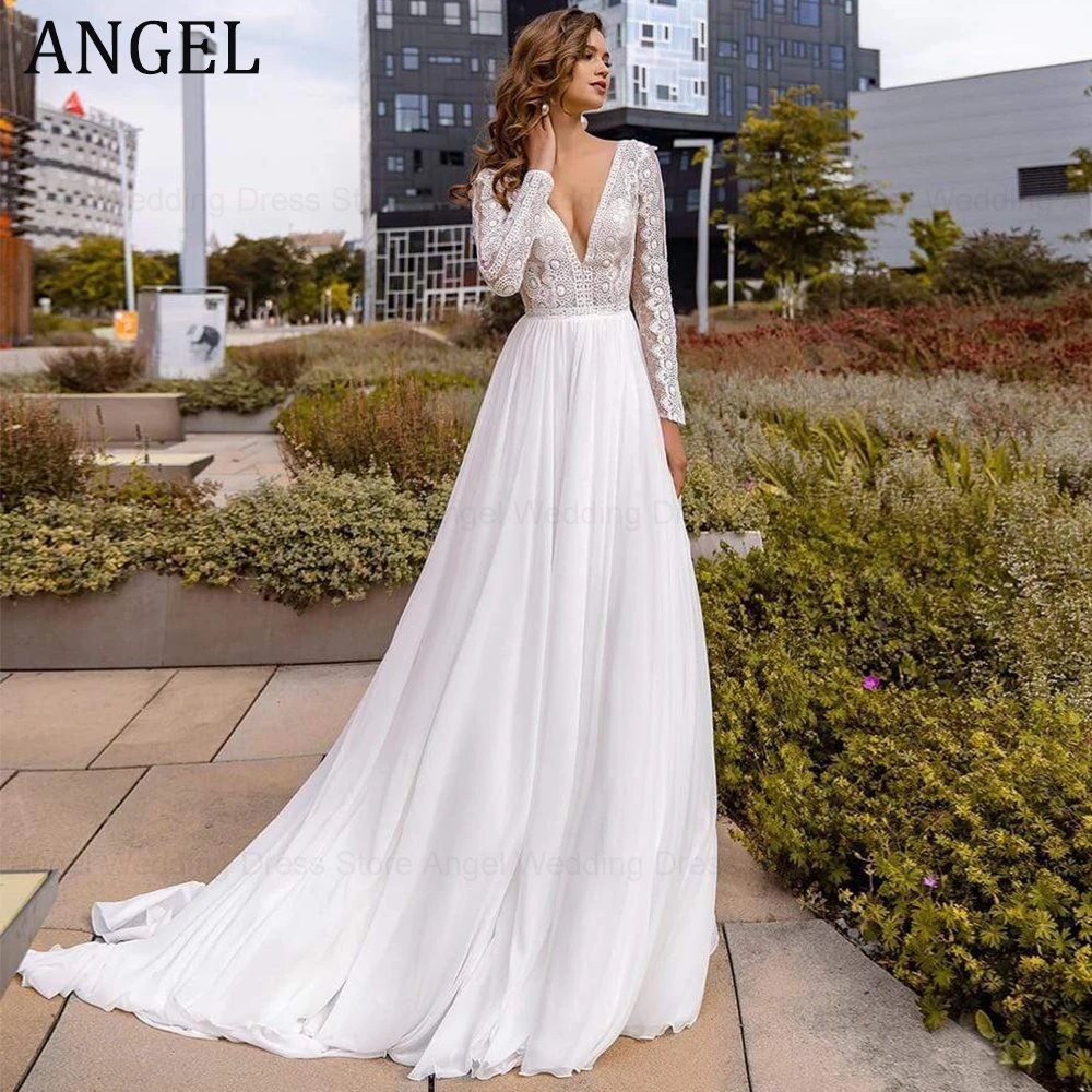 

ANGEL Boho Chiffon A-Line Wedding Dress Long Sleeves Lace Bridal Gowns Applique Double V-Neck Backless Vestido De Novia