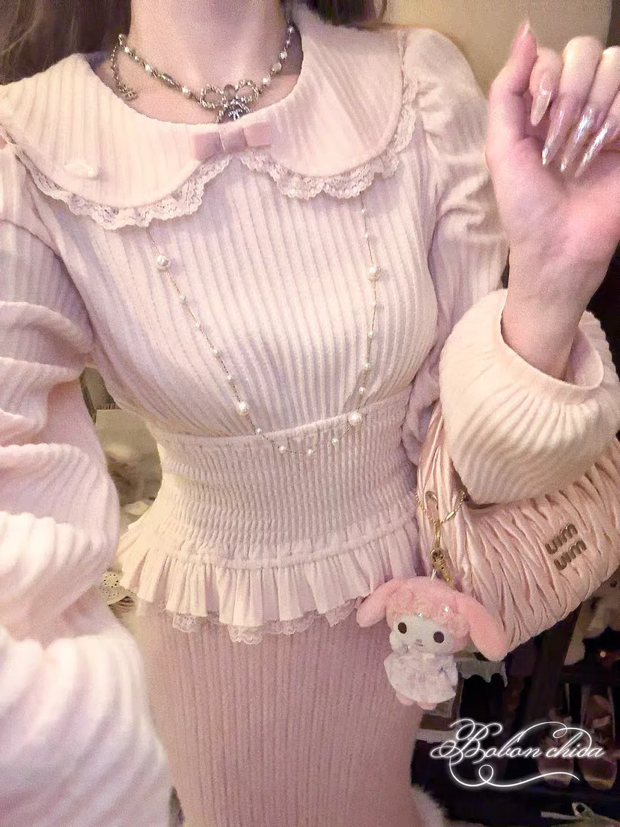 

Princess sweet lolita Shirt bobon21 Winter Love Study peter pan collar Lace Bow Waist Knitted Shirt T2436