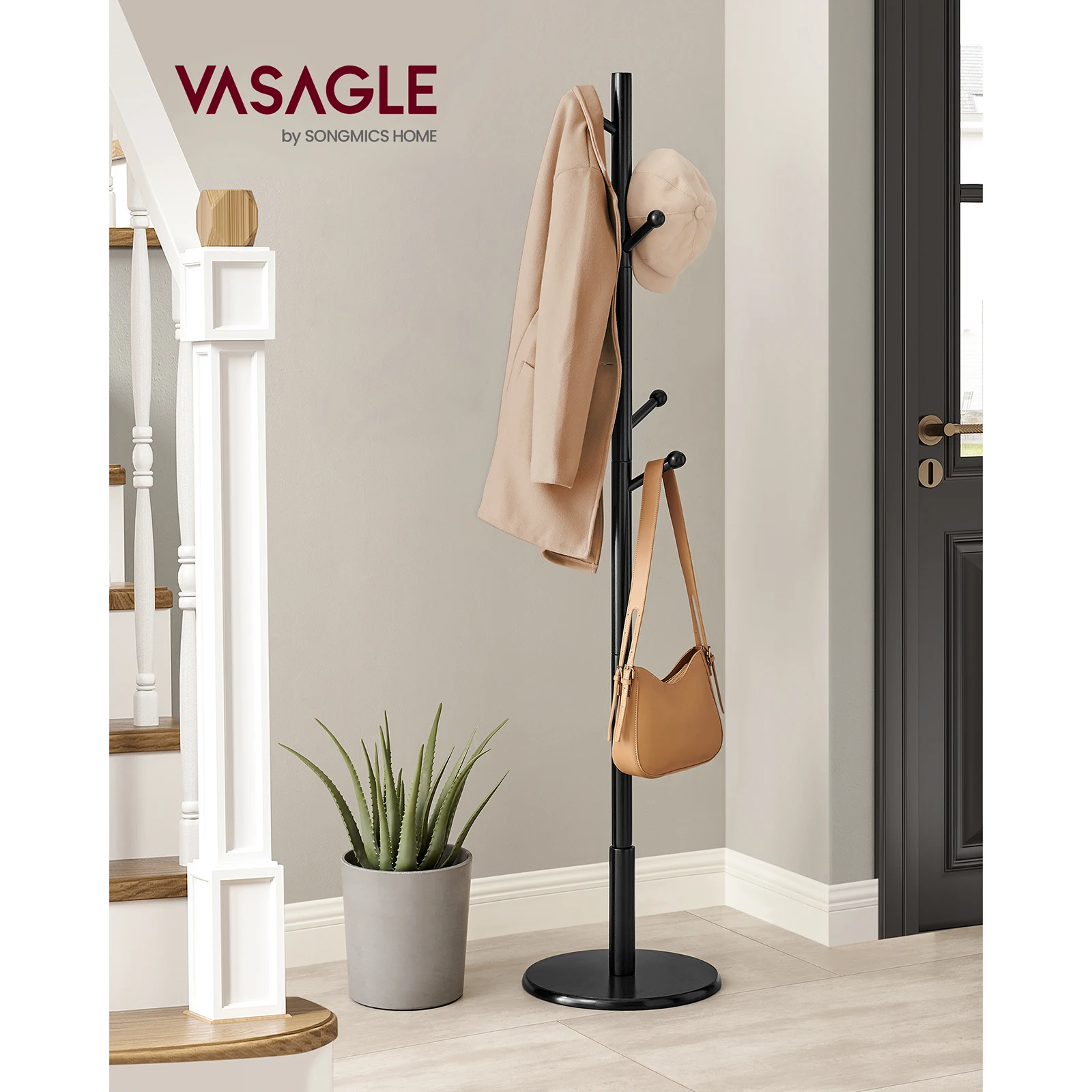 VASAGLE Wooden Tree Coat Rack: Free Standing with 7 Round Hooks. Ideal for Clothes, Hats, Bags. Hallway, Bedroom. Black.