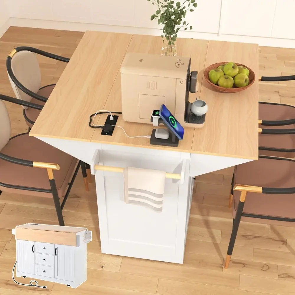 

Kitchen Island with 2 Drop Leaf, Kitchen Cart on Wheels with Power Outlet, Mobile Kitchen Storage Cart, Folding Storage