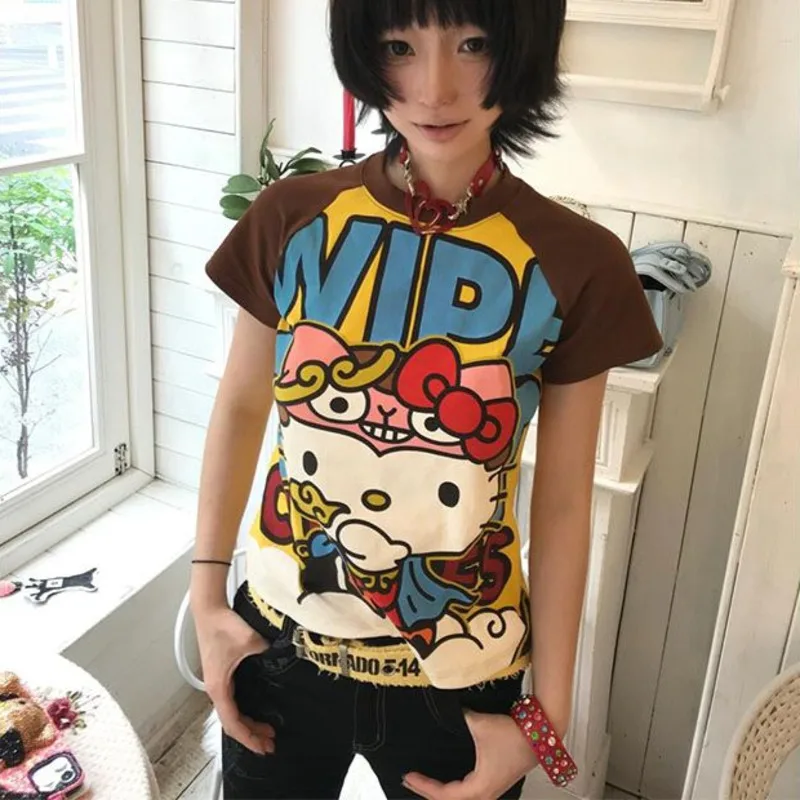 Sanurgente Hello Kitty-T-shirt à manches courtes pour femme, style américain, estival et tendance, version coréenne