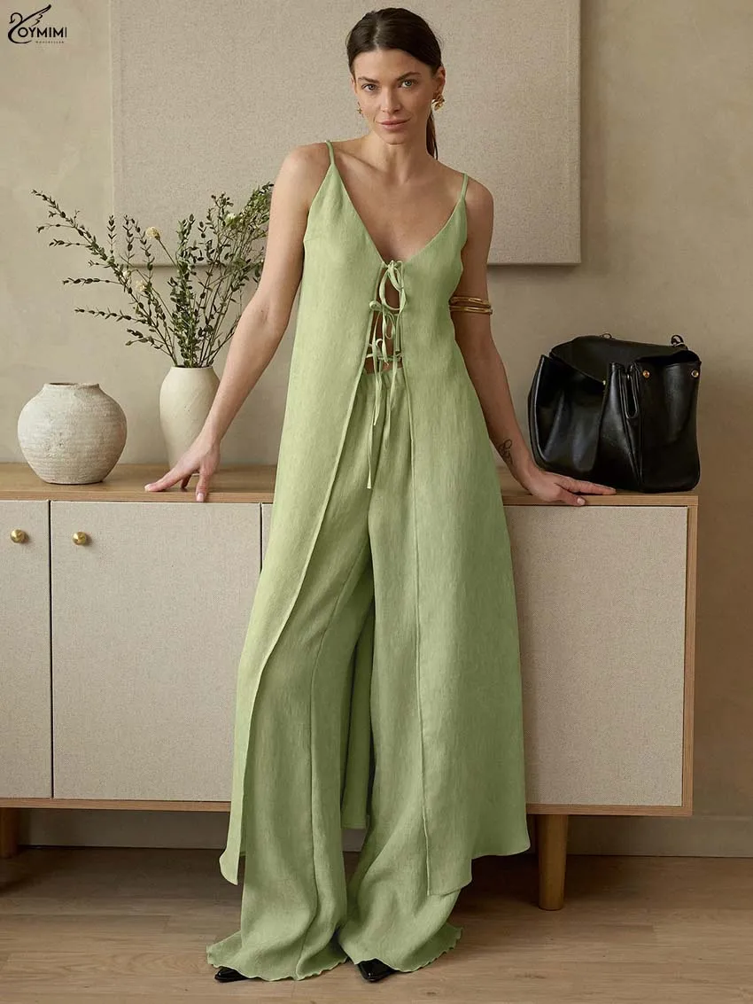 

Oymimi Elegant Green Loose 2 Piece Sets Woman Outfit Autumn Spaghetti Strap Lace-Up Long Tops And Straight Full Length Pants Set
