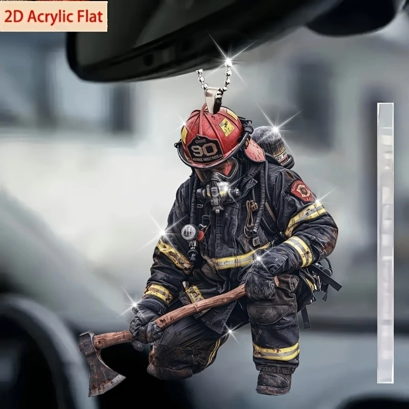 2D Flat Firefighter Simulation Keychain, 2.88x1.31 Inch Durable Flat Design, Home & Car Decoration, Firefighting Collectible