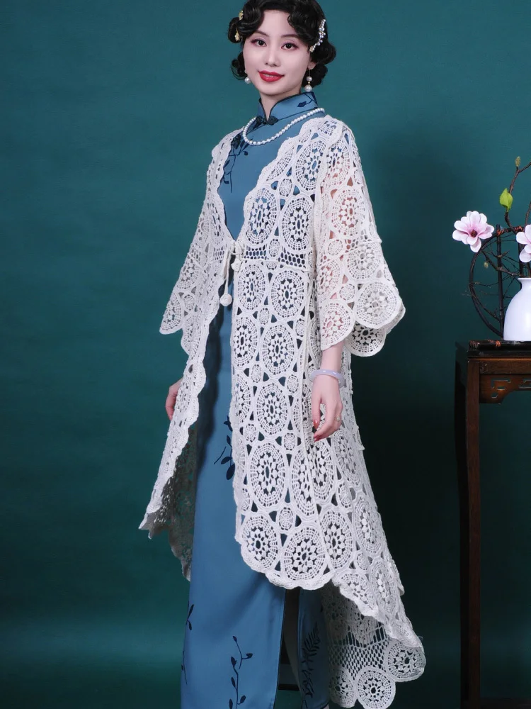 Summer Travel Cape Long Shawls Sunscreen Hook Flower Top Hollow Qipao Wear Outer Jacket Thin Autumn Long Cardigan Cheongsam Cape