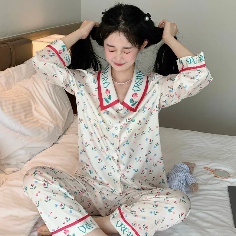 Spring or Summer Smooth and Soft Underwear Ice Silk Pajamas Women's New Long-sleeved Trousers Sweet Loungewear Set age reduction