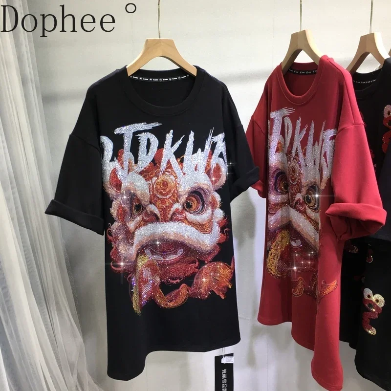 Thicken Sanding Autumn Winter Short Sleeve T-shirt Chinese Style Lion Dance Hot Drilling Loose Mid-long Pullover Top Casual Tees