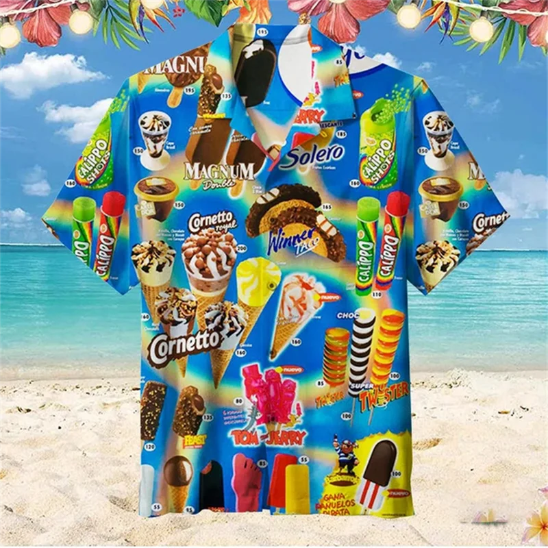 2024 Hawaiian Shirt For Men Summer Ice Cream T-Shirt Hawaii Print Short Sleeve Shirts Tops Casual Original Design Men Clothing