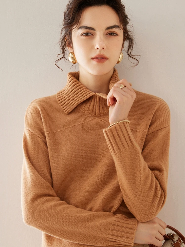 ADDONEE Women Cashmere Sweater Turn Down Collar Pullover Autumn Winter 100% Cashmere Knitwear Soft Warm Jacquard Sweater Tops