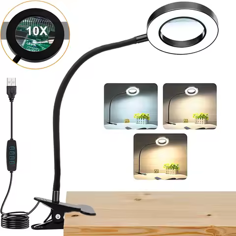 Lupa 10X com 3 modos de cor LED lâmpada de mesa iluminada com braçadeira de metal Lupa flexível de pescoço de ganso para leitura de arte em unhas