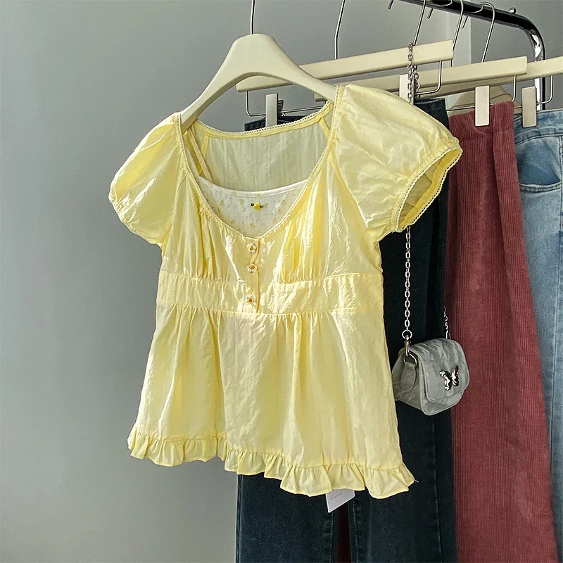 

Korean Sle Sweet Slish Rakish Suit Women's Summer New Arrival Puff Sleeves V-neck Shirt Floral Two-Piece Sling JJ97