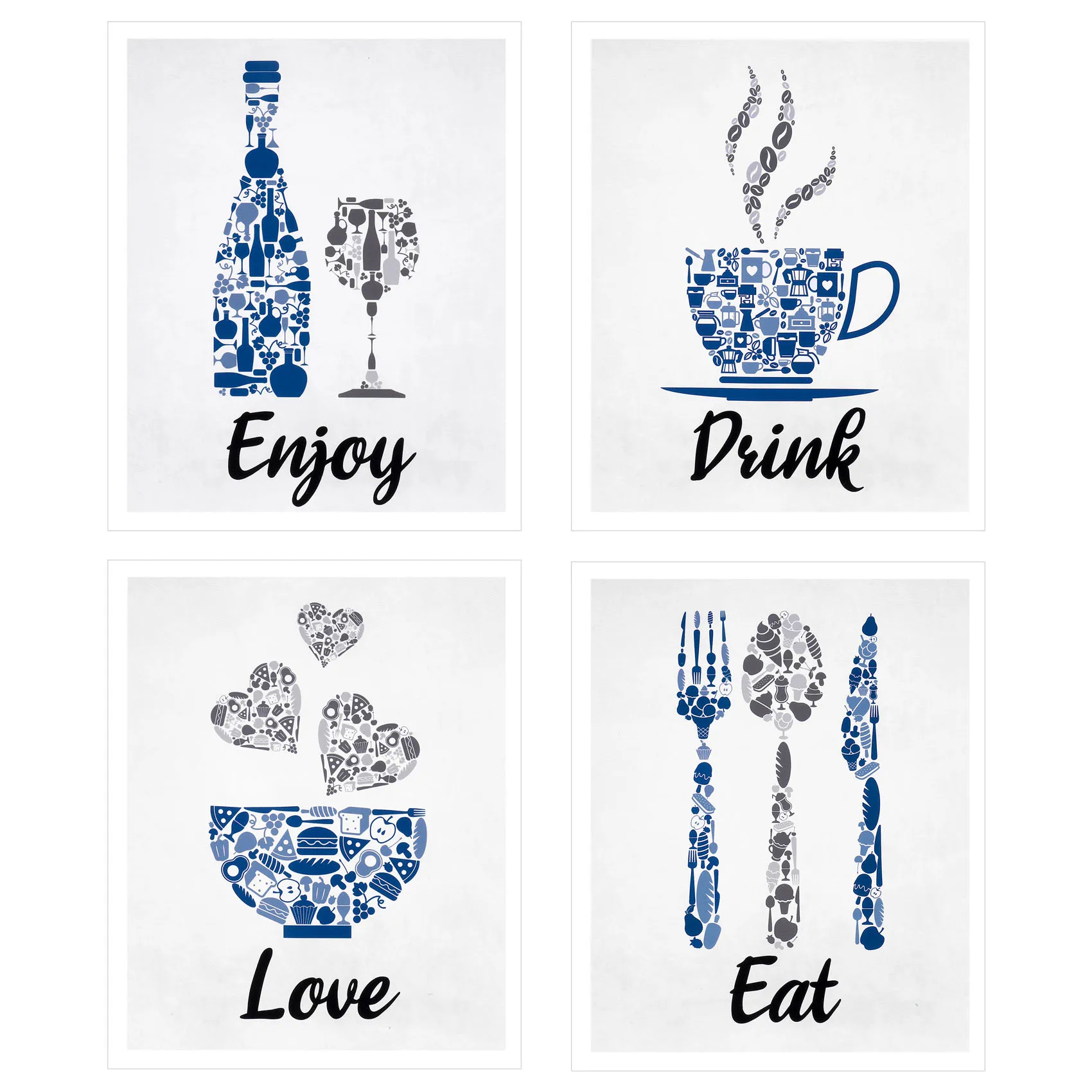 Blue Navy Cobalt Grey White Vintage Inspirational Kitchen Restaurant Cafe Bar Wall Art Decorations Eat Drink Love Wine