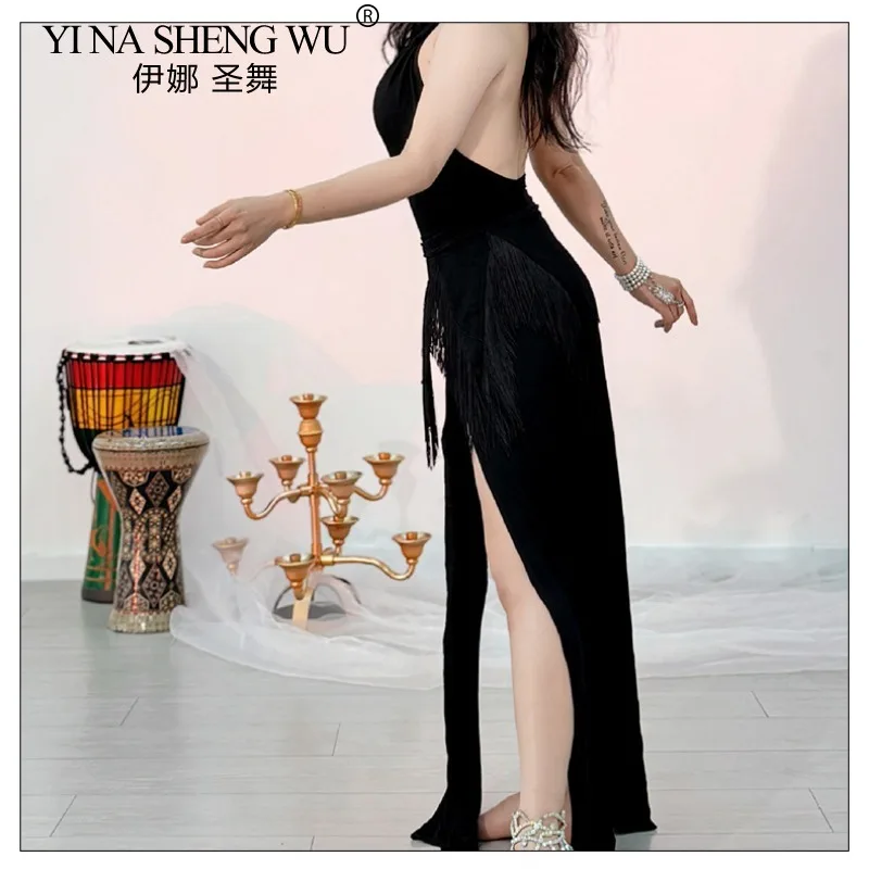 여성용 벨리댄스 연습복 모달 백리스 드레스 하이 슬릿 슬림 핏 섹시 댄스 드레스 여성 댄서 훈련복