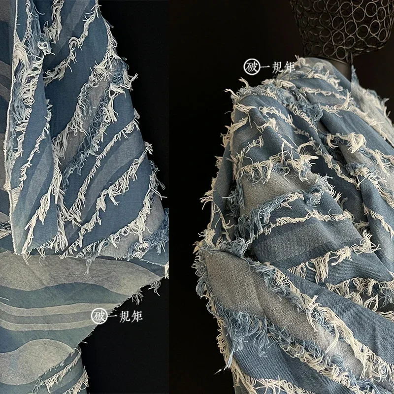 

Полосатая жаккардовая ткань с бахромой, джинсовая куртка, брюки, толстые дизайнерские брюки для одежды, шитье своими руками по метрам, оптовая продажа материала