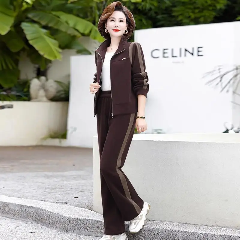 Middle Aged Women Plus Size Stand Collar Color Block Tracksuit Spring Autumn Zip Jacket Straight Pants Two Piece Mom Casual