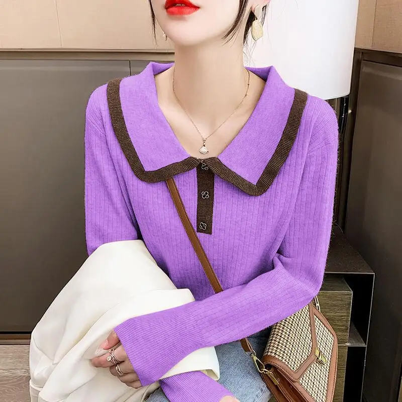 Spring Autumn New Fashion Contrast Color Sweet Chic Slim Knitted Sweater Women Casual Long Sleeve Pullovers Top Jumpers Clothing