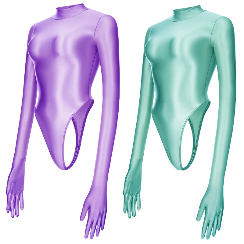 

Сексуальный блестящий купальник с высоким воротом, длинными рукавами и перчатками, молния YKK, высокий вырез, монокини с Т-образной спинкой