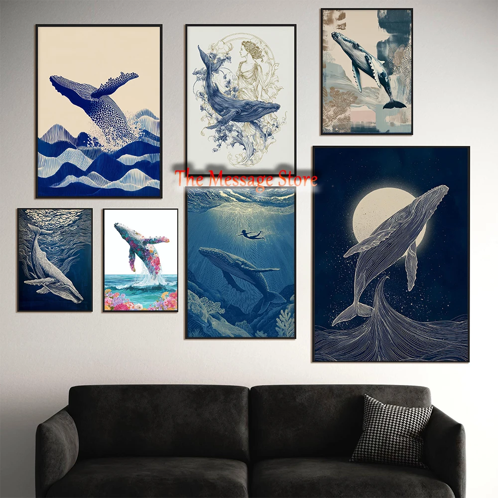 Blue Whale Coastal Humpback Ocean Nautical Sea Life Illustration Abstract Whale Poster Canvas Painting Wall Pictures Home Decor