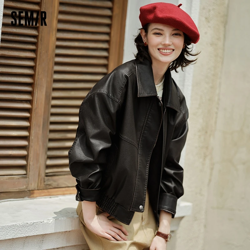 Semir Jacket Women PU Imitation Leather Vintage Personality 2024 Autumn New Trendy Street Loose Coat