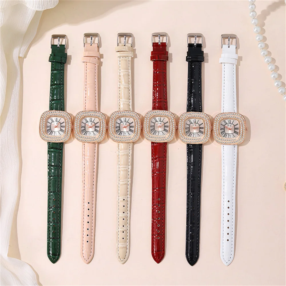 Mujeres de moda de lujo cuadrado romano conjunto de diamantes reloj de cuarzo 2024 Casual Off White reloj de cuero de las mujeres reloj de regalo