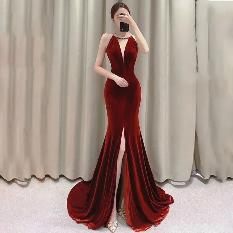 Wine Red Toast Clothing Temperament Slim Backless Fishtail Dress Appreciation Dinner Halterneck Skirt