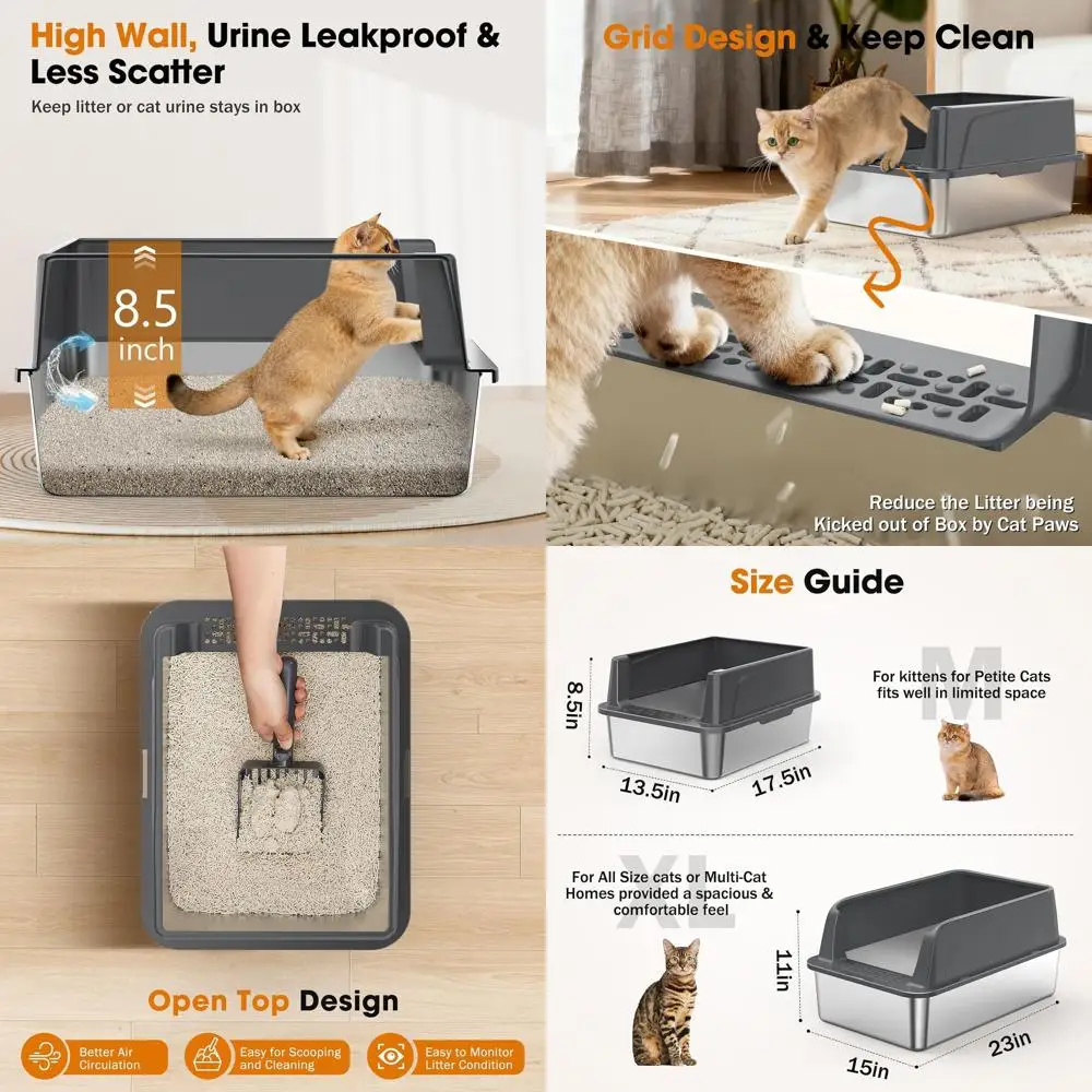 

Stainless Steel Cat Litter Box with Lid, High-Sided Metal Pan for Small Cats, Non-Stick & Odor-Resistant, Anti-Leak, Easy Clean,