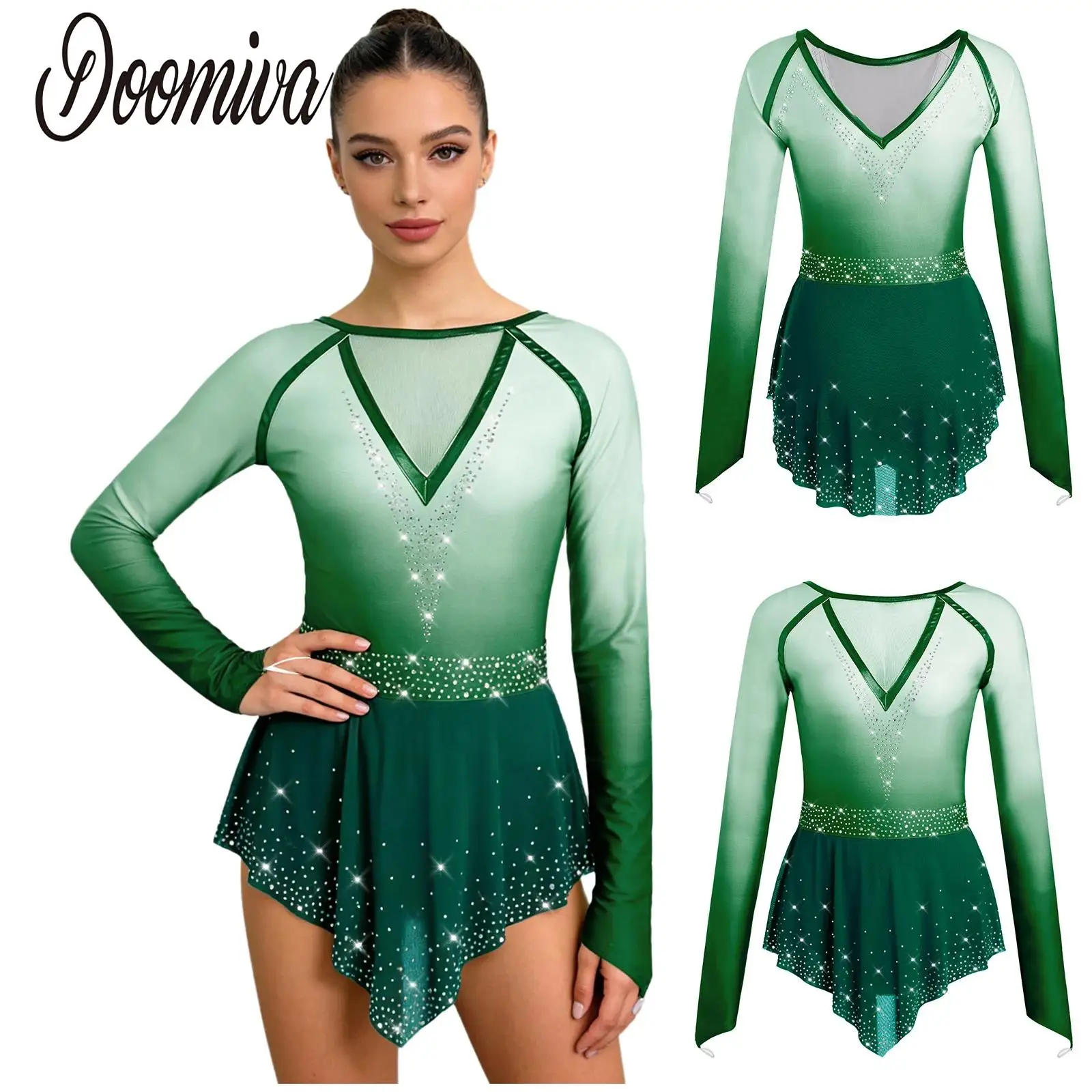 

Женское платье для лирического фигурного катания и балета с градиентным эффектом, костюм для выступлений, с длинными рукавами, прозрачной сетчатой юбкой и стразами, комбинезон-платье