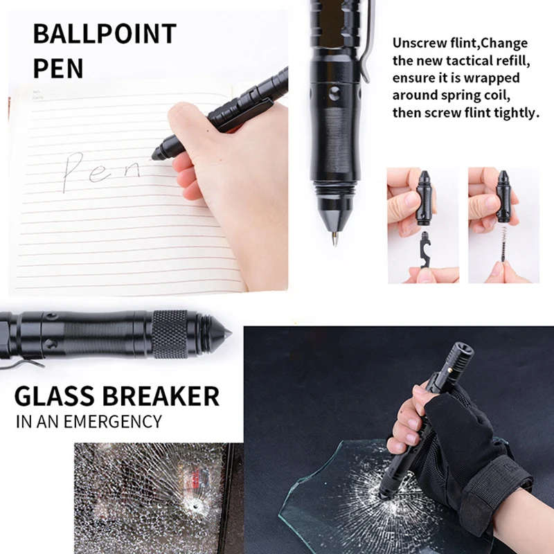 Tactical Pen Self-Defense Pens LED Tactical Flashlight with Ballpoint Pen, Window Glass Breaker, Whistle, Multi Tool Pen