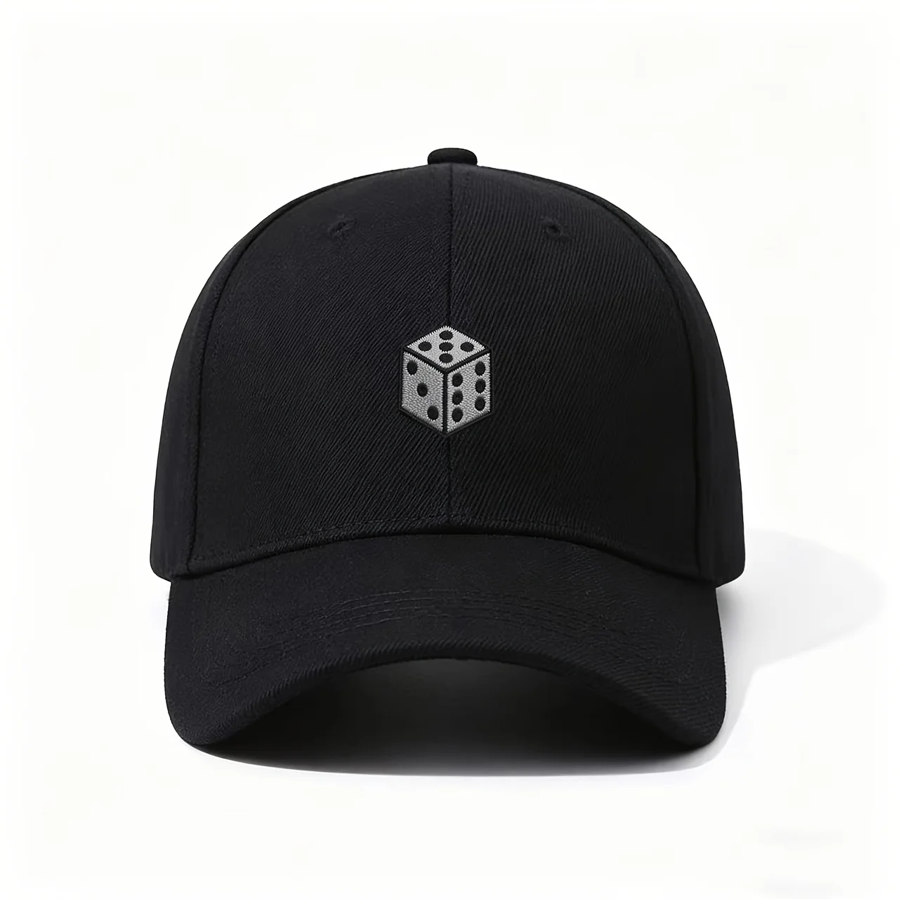 Baseball Cap, Showcasing Embroidered Dice Patch with Black Dots on Gray Base, Classic Symbol of Chance And Fun, Great