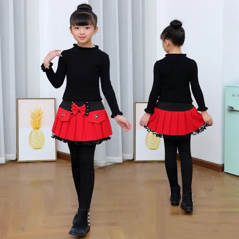 Winter Girls Warm Skirts Pants For Kids Patchwork Bowknot Princess Leggings Kids Dance Pants Cake Skirt Trousers