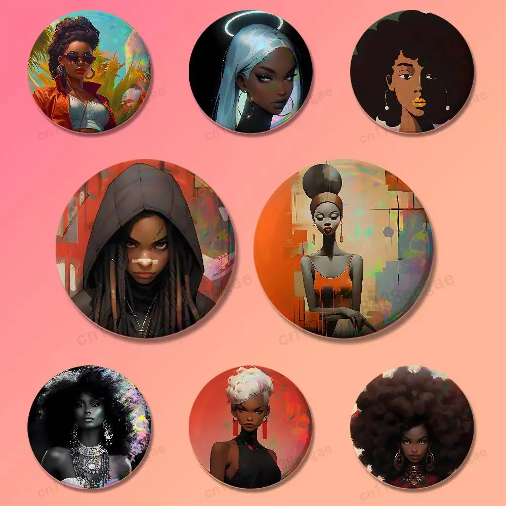 

Afro Art Girls Badges 25 32 44 58 75 mm Round Fashion Jewelry Clothes Bag Hat Accessories Badge Lover Gifts