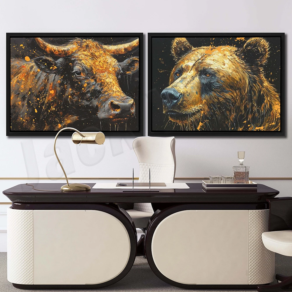 Wall Street Stock Market Poster, Bull and Bear Modern Animal Art Poster, Wall Decor for Bedroom Office Living Room Home