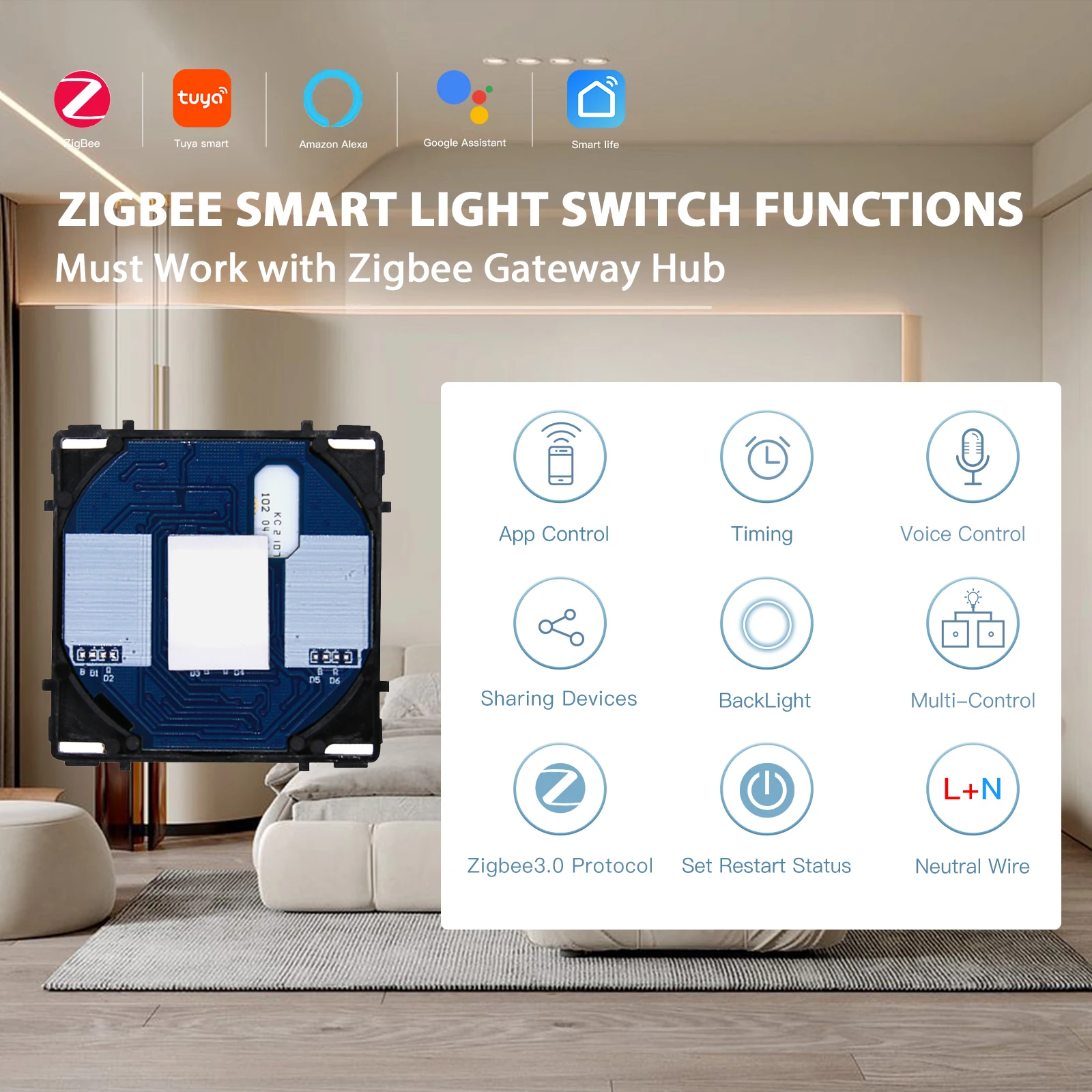 BSEED Tuya Smart Zigbee Touch Switch Wall Light Switch Function Key Support Google Home Alexa Voice Control Neutral Required