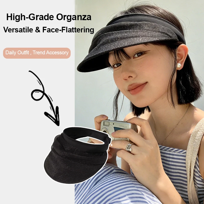 Women Organza Sun Visor Hat UV Protection Travel Visor Cap Wide Brim Sheer Mesh Beach Empty Top Hat Summer Vacation Breathable