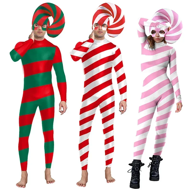 Doce cana macacão listra vermelha cosplay traje de natal bodysuit festa de natal roupa festival disfarce bodysuit casal ternos zentai