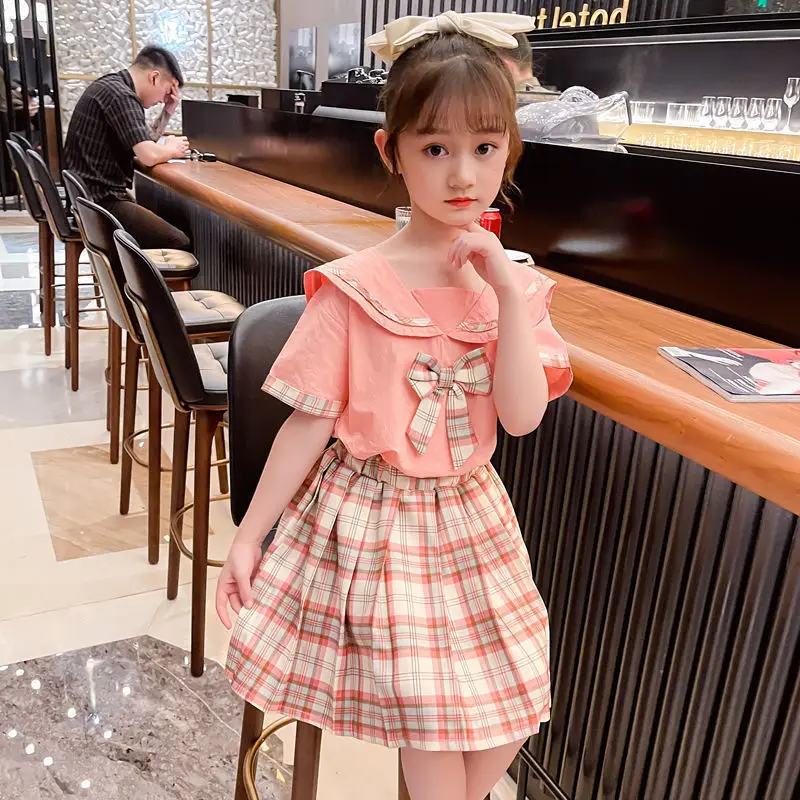 

Girls Sweet Pink Academy Style Set 2024 Summer New Children's Navy Collar Shirt Hundred Pleated Skirt Two Piece Set