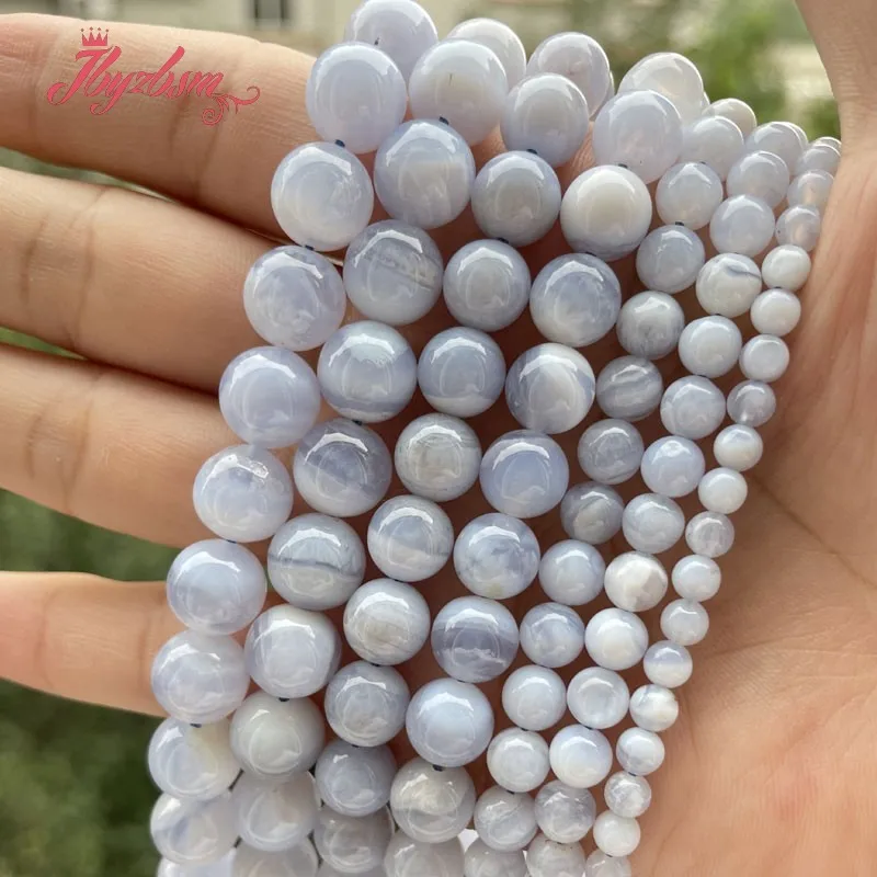 Natural Blue Chalcedony Agate Smooth Round Stone Beads For DIY Necklace Bracelet Jewelry Making Strand 15\