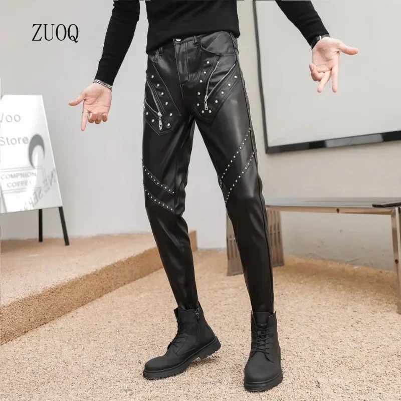 2025 New Arrived Skinny Biker Leather Pants Men\'s New Faux Leather Biker Trousers for Male Trouser Stage Club Wear