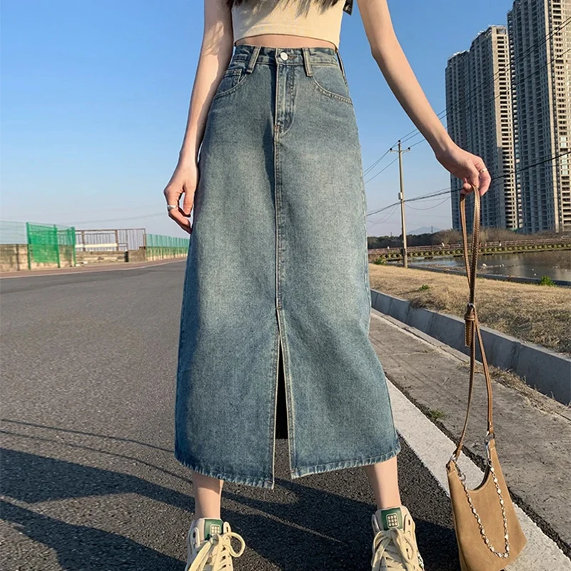 Women's High-Waist Slit Denim Skirt Retro Washed A-Line Hip-Covering Straight Long Skirt for Casual Comfortable Fit 9 S60714dc8af8b4a6d90879508bcdd98883