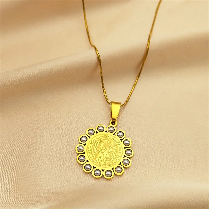 

Stainless Steel Virgin Mary Medal Necklace for Women Men Imitation Pearls Gold Color Religious Guadalupe Chain Amulet Jewelry
