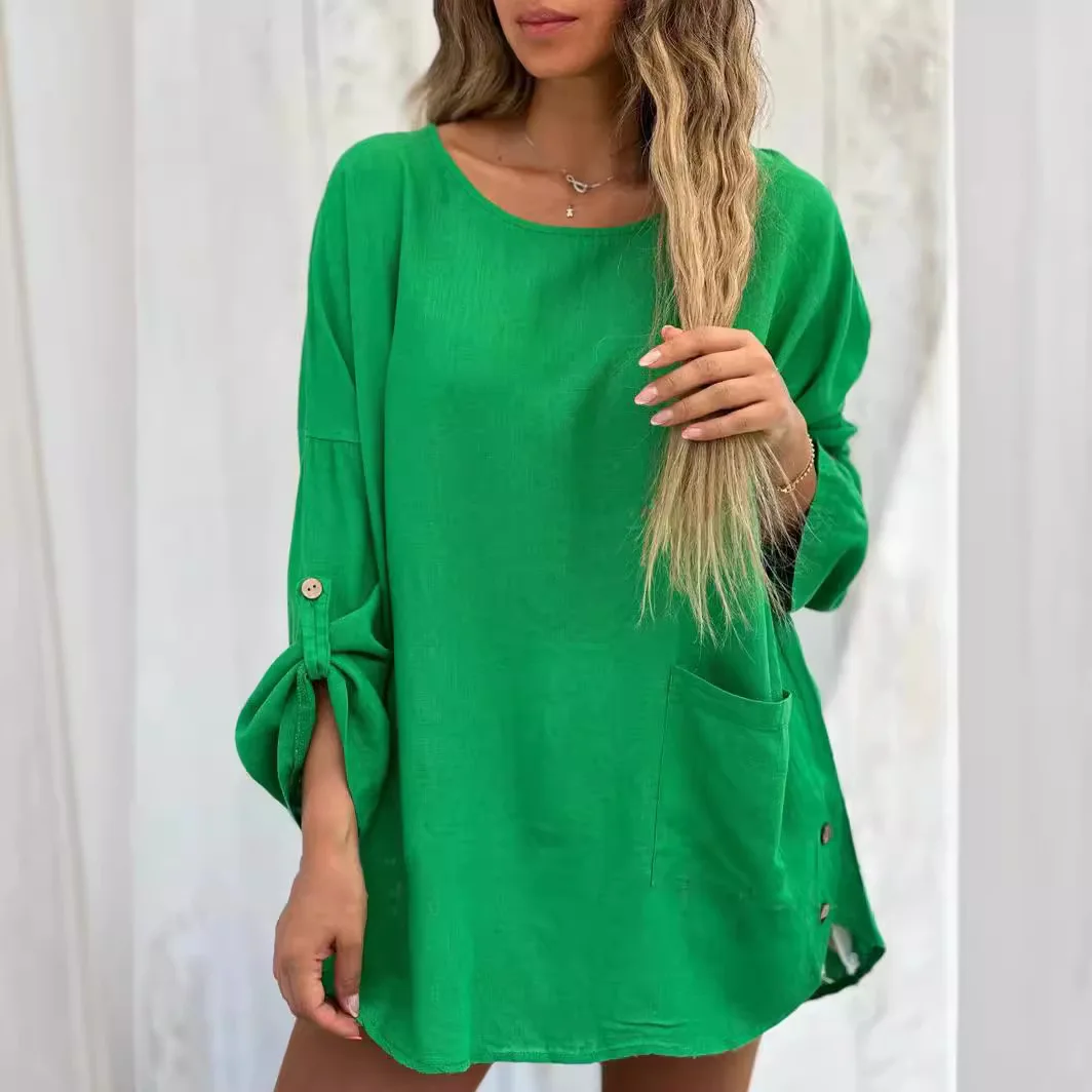 2025 ฤดูร้อนใหม่ชุดสตรีอารมณ์สง่างามสบายๆสีทึบหลวมรอบคอปุ่มแขนยาว Midskirt ชุด