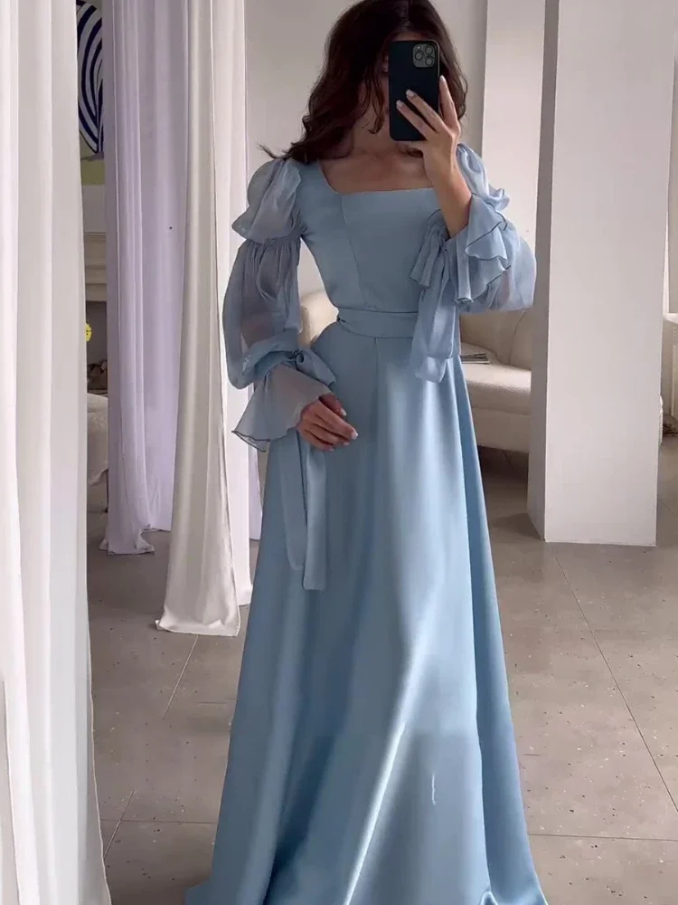 Eid Muslim Party Dress Women Sweet Puff Sleeve Long Dress Square Collar Vestidos Largo Ramadan Abayas Dubai Arab Long Robe 2024