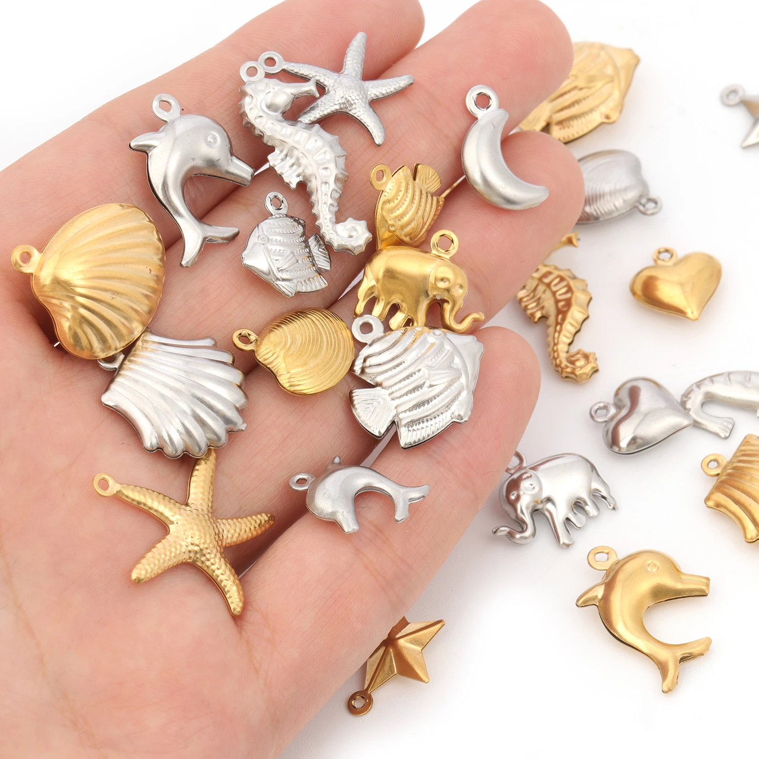 5pcs/Lot Stainless Steel Gold Color Marine Animals Dolphin Shell Starfish Elephant Moon Star Charm Pendant For Jewelry Making