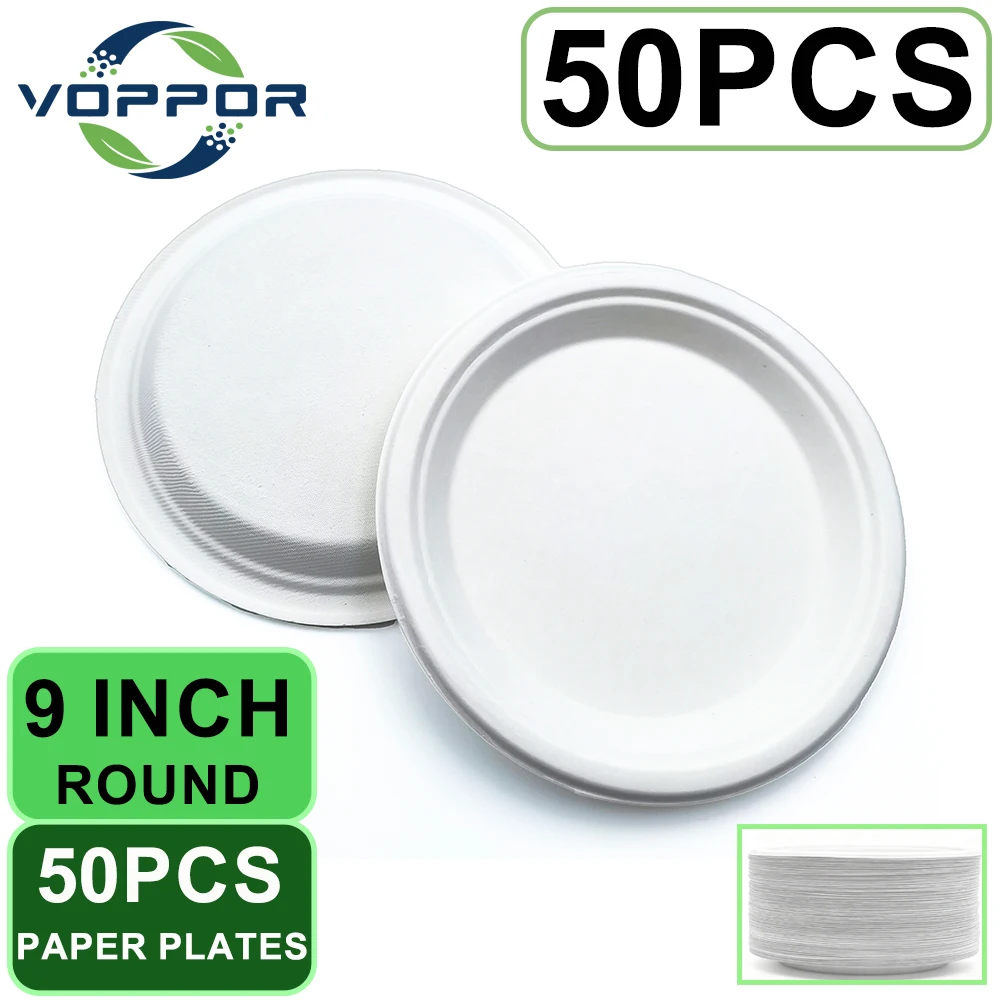 

50PCS 9inch Biodegradable Circular Paper Plates Are Suitable Disposable Kitchen Dishes Such As Barbecue Pasta Salad Desserts