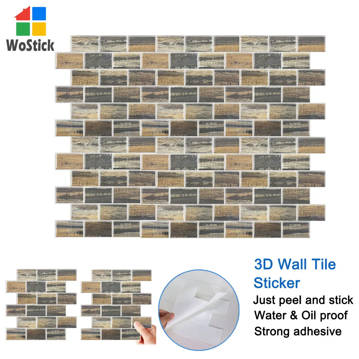 3D Wood Design Surface 11 Pieces Self-adhesive Wall Tile Stickers Water & Oil Proof PET Eco-friendly Wallpaper